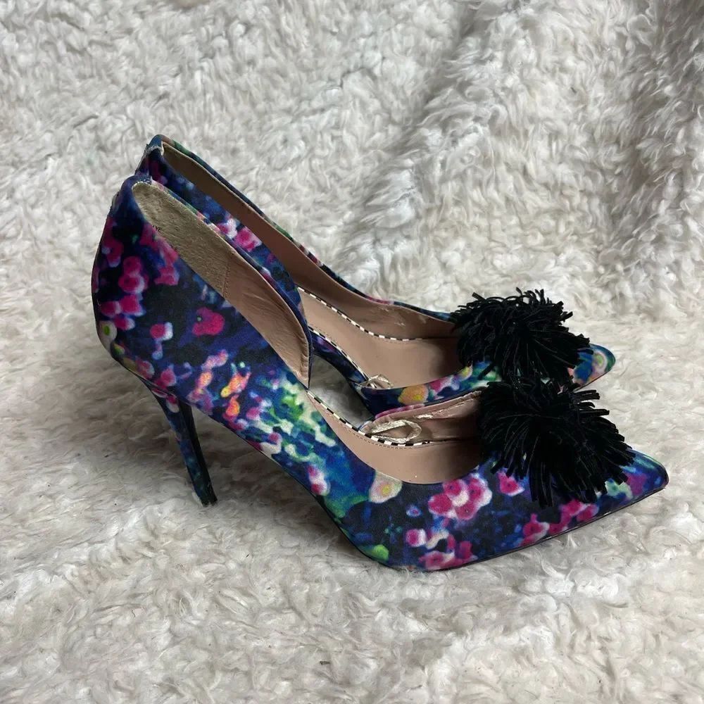 Betsey Johnson Hallye Fabric multi  color slip on heels black pompon accent SZ8